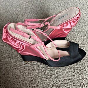 Miu Miu Silk Ruffle Wedges Sz 38.5 Made in ITALY w/dust bag!